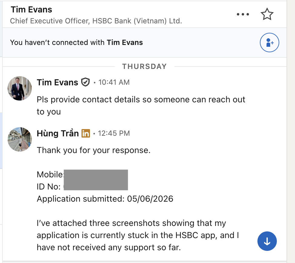 Trao đổi trên LinkedIn với CEO HSBC Tim Evans phản hồi về đơn mở tài khoản